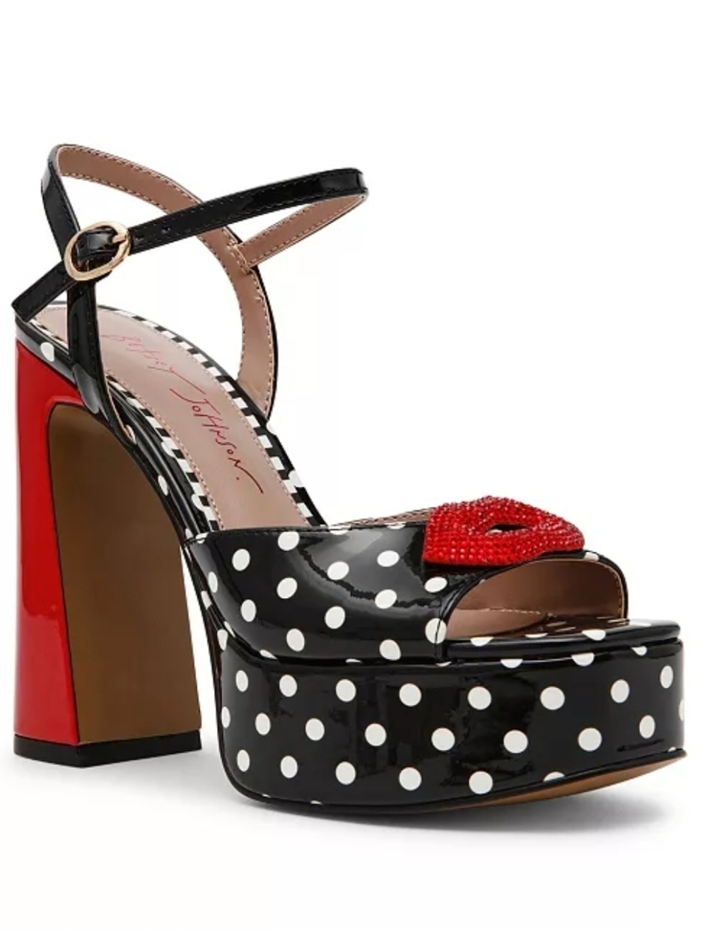 🖤▪️Betsey Johnson▪️ Black & White Allyson Polka Dot Platform Red Lip Sandal - Picture 1 of 4